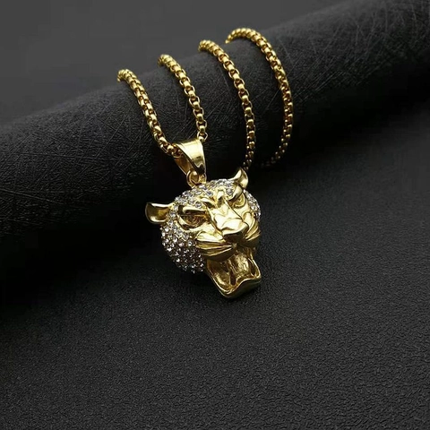 Hip Hop 316 Stainless Steel Lion Head Pendant Necklace For Men Gold Plated Pave Rhinestone Animal Neck Chain Jewelry