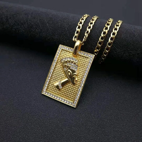 Collana con Pendente Regina Egiziana Nefertiti in Acciaio Inossidabile Placcato Oro Hip Hop per Uomo Gioielli di Moda Strass