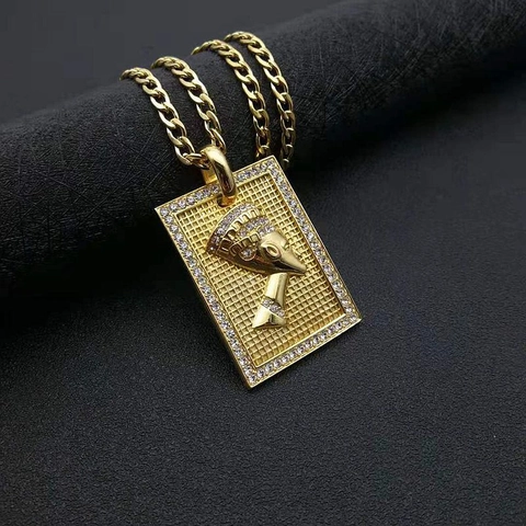 Collana con Pendente Regina Egiziana Nefertiti in Acciaio Inossidabile Placcato Oro Hip Hop per Uomo Gioielli di Moda Strass