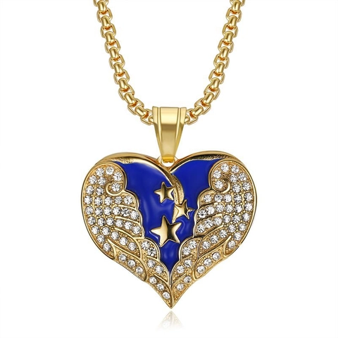 Collana con Ciondolo a Cuore Ali e Stella in Acciaio al Titanio Hip Hop Con Smalto Blu Strass Gioielli Personalizzati per Uomo Donna