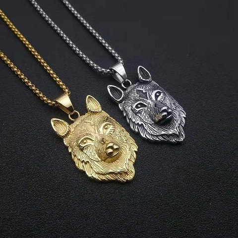 Collar de Colgante de Cabeza de Lobo Vikingo de Acero Inoxidable Punk Hip Hop Joyería de Animales Para Hombres Oro Color Acero