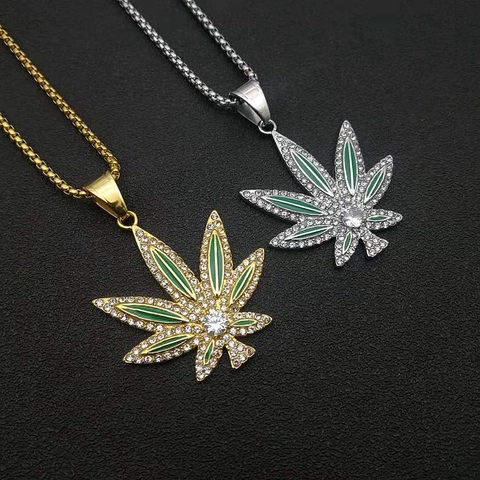 Hip Hop Titanstahl Cannabis Blatt Anhänger Halskette Für Herren Damen Iced Out Strass Vergoldet Hip Hop Schmuck Geschenk