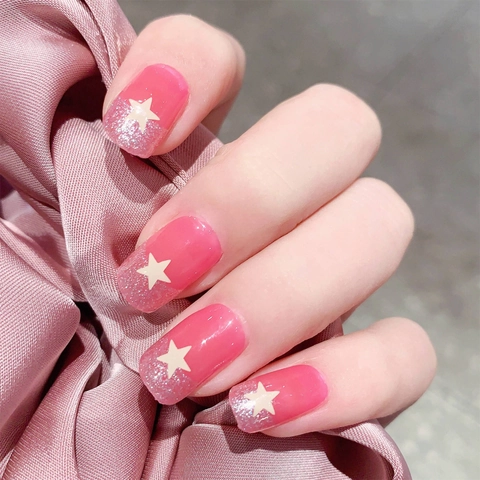 Adesivi per Unghie Sfumati Rosa con Motivo a Stella Dolce Glitter Argento Unghie Finte per Donna Decorazione Fai-da-te TL367