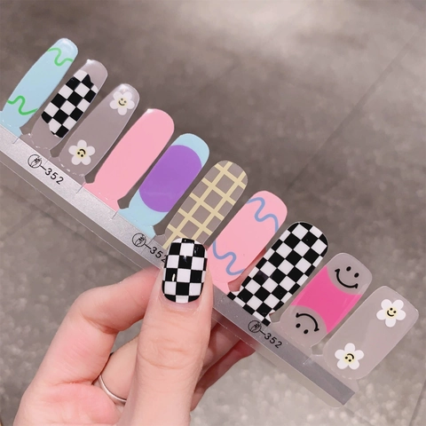 Dopamin Farbe Niedlich Blume Schachbrettmuster Nagelaufkleber Abnehmbar Selbstklebend Full Cover Nail Art Decals Für Damen TL352