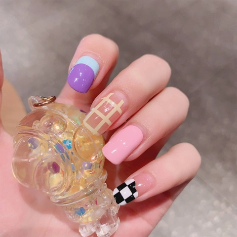 Dopamin Farbe Niedlich Blume Schachbrettmuster Nagelaufkleber Abnehmbar Selbstklebend Full Cover Nail Art Decals Für Damen TL352