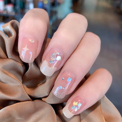 Adesivi per Unghie con Paillettes Beige in Stile Francese Rosa Traslucido Impermeabile Pellicola Adesiva per Nail Art per Donna Manicure Fai Da Te