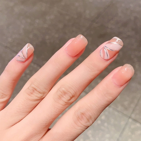Pegatinas de Nail Art TL362 Retro Rosa Nude Con Líneas Radiales Geométricas Plateadas Envolturas de Esmalte de Uñas Minimalistas