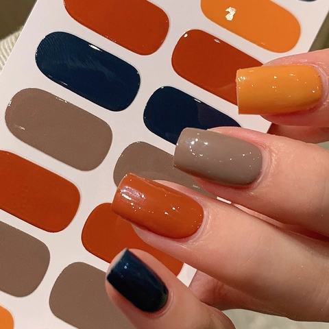 Adesivi per Unghie Minimalisti a Tinta Unita ad Avvolgimento Completo Resina Ecologica Lucida Talpa Blu Scuro Arancione Nail Art LT-011