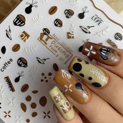 Adesivi per Unghie a Rilievo 3D a Tema Chicco di Caffè Marrone Retrò Coffee Life Decorazione Nail Art Autoadesiva per Manicure Fai da Te