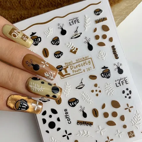 Adesivi per Unghie a Rilievo 3D a Tema Chicco di Caffè Marrone Retrò Coffee Life Decorazione Nail Art Autoadesiva per Manicure Fai da Te