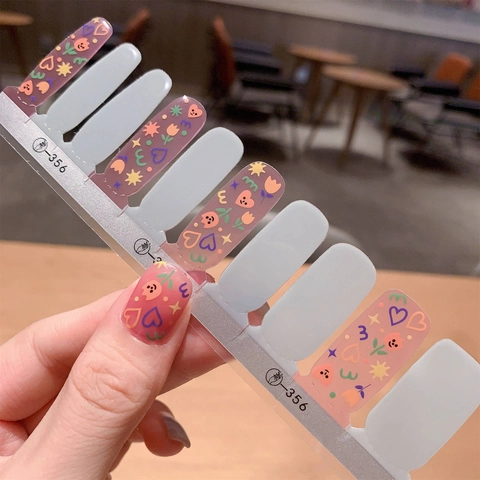 Handgemalte Süße Herz Blume Gel Nagelaufkleber Dunstiges Blau Rosa DIY Full Wrap Cartoon Graffiti Nail Art Decals Für Damen