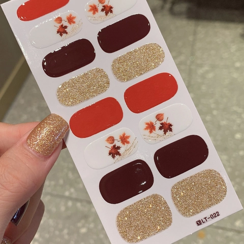 Autocollants d'Art d'Ongles de Feuille d'Érable d'Automne Autocollant Full Wrap Or Paillettes Rouge Orange DIY LT-022