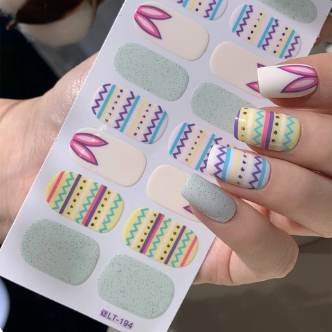 Adesivi per Unghie di Pasqua Coniglio Uovo LT-194 Onde Colorate Pois Glitterati Decalcomanie per Unghie Donna Decorazione Unghie Feste