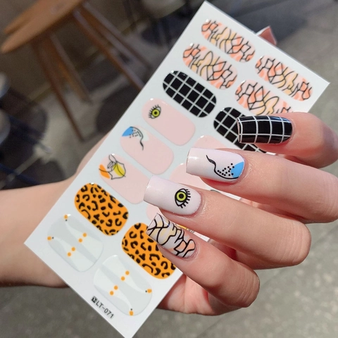 Full Cover Nagelaufkleber Abstrakte Augen Leopard Schachbrettmuster DIY Maniküre Mode Nagel Wraps Decals Für Damen