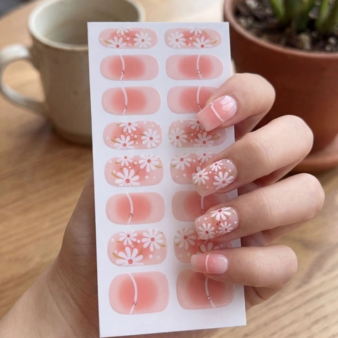 Pegatinas Para Uñas Con Degradado Rosa Blush Y Margarita Patrón De Flores Blancas Resina Impermeable Para Mujer