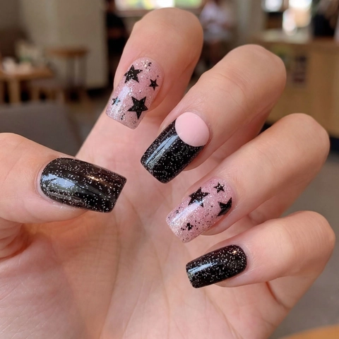 Adesivi per Unghie Minimalisti Rosa Nero con Motivo a Stelle Impermeabili Glitter Stile Francese Nail Wraps Decalcomanie per Manicure a Lunga Durata Donna