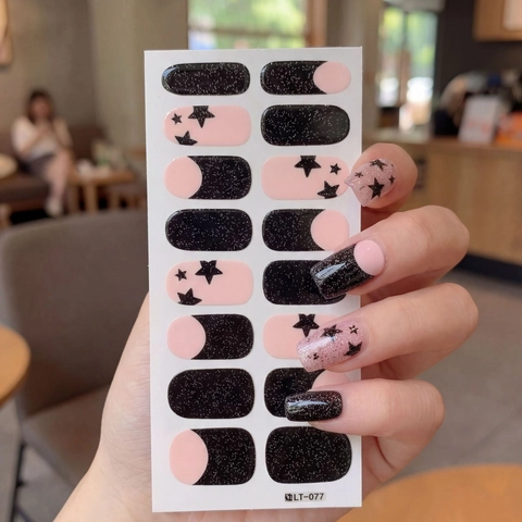 Adesivi per Unghie Minimalisti Rosa Nero con Motivo a Stelle Impermeabili Glitter Stile Francese Nail Wraps Decalcomanie per Manicure a Lunga Durata Donna