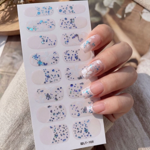 Adesivi per Unghie Floreali Rosa Trasparenti Copertura Totale Con Paillettes Blu Glitterate Impermeabili Fai-da-te Decorazione Manicure per Donna Ragazza