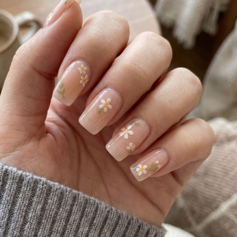 Adesivi per Unghie Floreali Margherita Base Nuda Fiore Bianco Foglia Verde Stampati Decorazione Manicure Decalcomanie Autoadesive