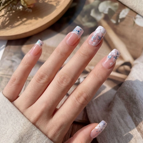Adesivi per Unghie Floreali Rosa Trasparenti Copertura Totale Con Paillettes Blu Glitterate Impermeabili Fai-da-te Decorazione Manicure per Donna Ragazza