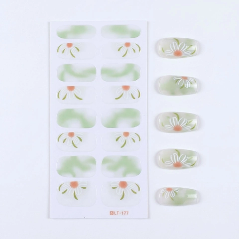 Autocollants à Ongles Marbre Vert Floral Marguerite LT-177 Design Frais Printemps Wraps à Ongles Auto-Adhésifs DIY