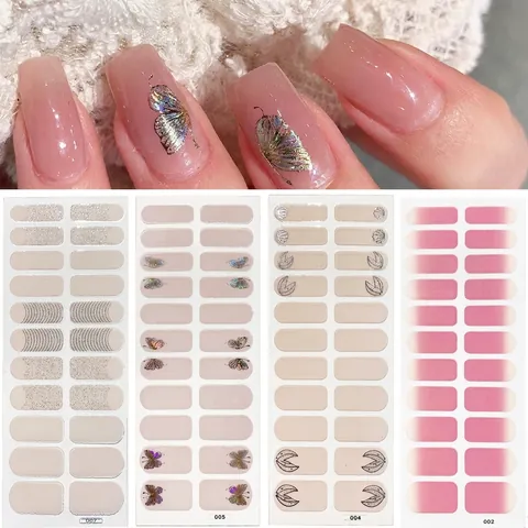 Semi-Cured Gel Nail Stickers Waterproof Durable Holographic Butterfly Gradient Line Nail Art Decals Women Daily Decoration
