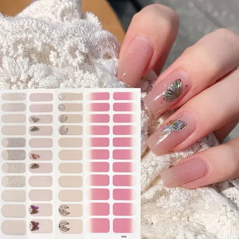 Semi-Cured Gel Nail Stickers Waterproof Durable Holographic Butterfly Gradient Line Nail Art Decals Women Daily Decoration