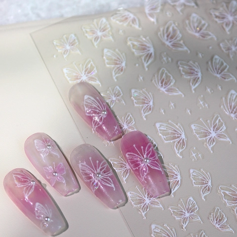 Adesivi per Unghie Farfalla Rilievo 3D Decalcomanie Floreali Olografiche Bianco Rosa Verde Decorazione Manicure Fai-da-te