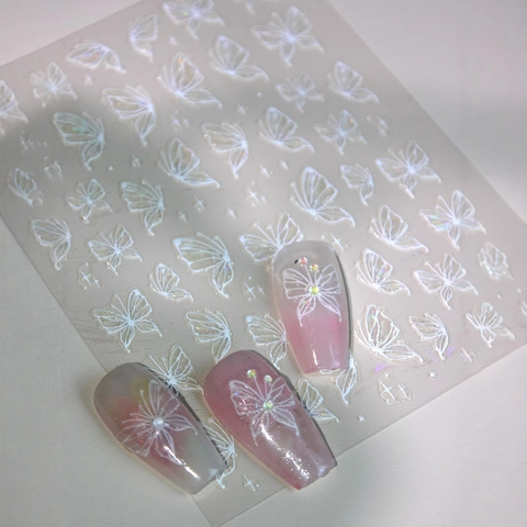 Adesivi per Unghie Farfalla Rilievo 3D Decalcomanie Floreali Olografiche Bianco Rosa Verde Decorazione Manicure Fai-da-te