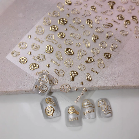 Adesivi per Unghie Metallici 3D Modello Faccina Sorridente Stella Oro Argento Lamina Goffrata Decals per Manicure Fai Da Te