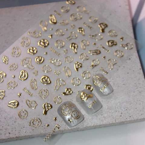 Adesivi per Unghie Metallici 3D Modello Faccina Sorridente Stella Oro Argento Lamina Goffrata Decals per Manicure Fai Da Te