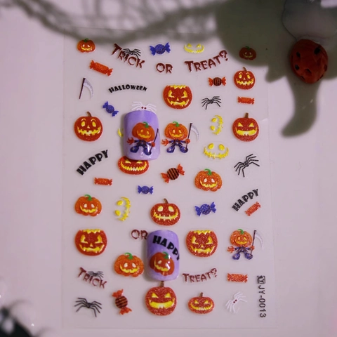 Adesivi per Unghie 3D a Rilievo di Halloween Zucca Ragno Caramelle Design Adesivi per Manicure per Decorazione di Feste