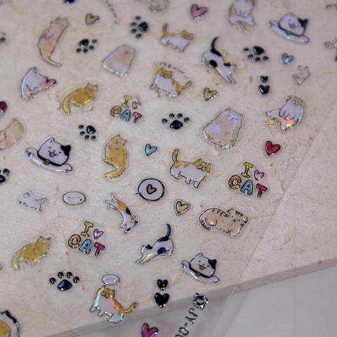 Simpatici Adesivi per Unghie a Forma di Gatto in Gelatina Laser 3D Cuore di Zampa di Gattino Cartone Animato per Donna Ragazze