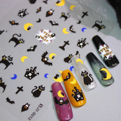 Adesivi per Unghie Halloween 3D Opachi Motivo Gatto Nero Pipistrello Luna Castello Decalcomanie Fai-da-te per Feste Donna