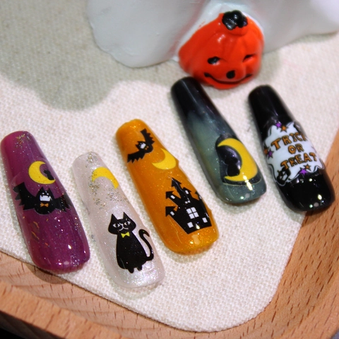 Adesivi per Unghie Halloween 3D Opachi Motivo Gatto Nero Pipistrello Luna Castello Decalcomanie Fai-da-te per Feste Donna