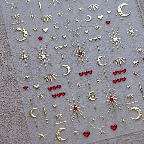 Adesivi per Unghie 3D in Rilievo Oro Luna Stella Cuore Pianeta Celeste Decorazione Manicure Autoadesivi Bronzing Jelly Nail Art per Donna