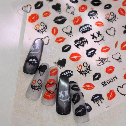 Punk Rote Lippen Nagelaufkleber Gothic Blut Herz Web Design Selbstklebend Maniküre Decals Für DIY Nagel Dekoration