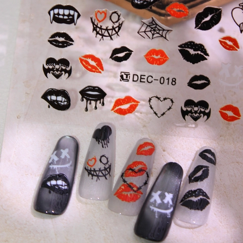 Punk Rote Lippen Nagelaufkleber Gothic Blut Herz Web Design Selbstklebend Maniküre Decals Für DIY Nagel Dekoration