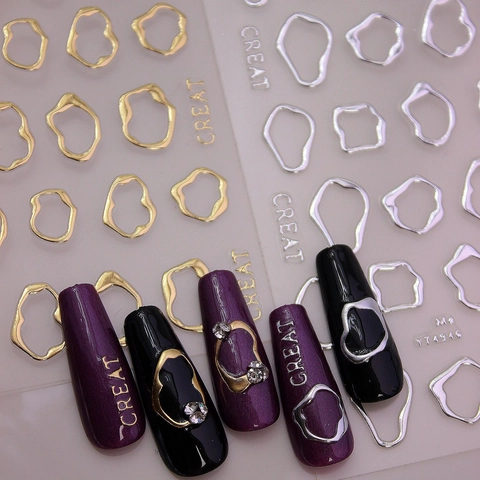 Adesivi per Nail Art Metallici 3D Oro Argento Cerchi Vuoti Irregolari Decalcomanie Autoadesive per Manicure Decorazione Fai da Te Donna