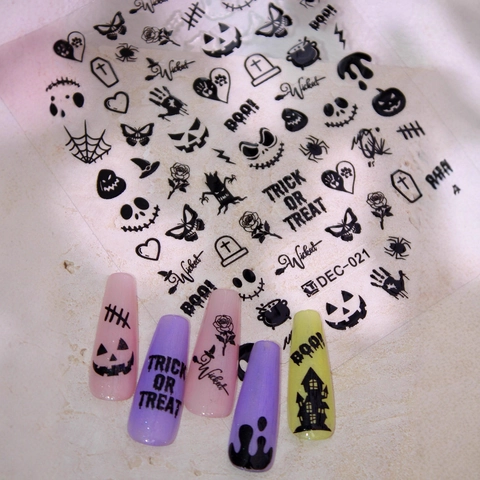 Adesivi per Unghie Schizzo Linea Nera Halloween 3D Rilievo Zucca Teschio Pipistrello Ragnatela Wicked BOO Modello Unghie Decalcomanie