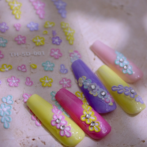 5D Relief Blumen Nagelaufkleber Selbstklebend Bunte Fünfblättrige Blumen Nageldekoration Mit Strass Besetzt DIY Maniküre Abziehbilder