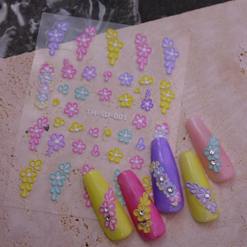 5D Relief Blumen Nagelaufkleber Selbstklebend Bunte Fünfblättrige Blumen Nageldekoration Mit Strass Besetzt DIY Maniküre Abziehbilder