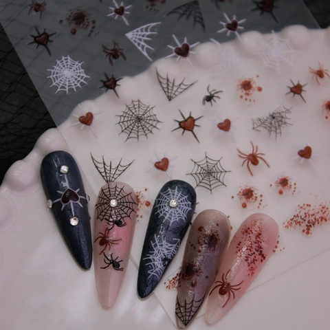 Halloween 3D Gelee-Effekt Blutfleck Nagelaufkleber Spinnennetz Herz Gothic Horror Nagelkunst-Abziehbilder Für Damen DIY Maniküre Dekoration
