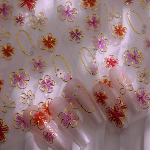 5D Relief Nagelkunst Aufkleber Goldrand Blumenmuster Kirschblüte Selbstklebend 3D Nagel Decals Für Damen DIY Maniküre Dekoration