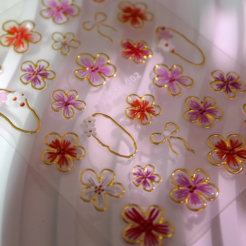 5D Relief Nagelkunst Aufkleber Goldrand Blumenmuster Kirschblüte Selbstklebend 3D Nagel Decals Für Damen DIY Maniküre Dekoration