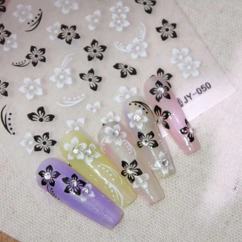 Schwarz Weiß Blume Geprägte Nagelaufkleber Selbstklebende 5D Nail Art Decals Strass Blume Maniküre Dekoration JY-050