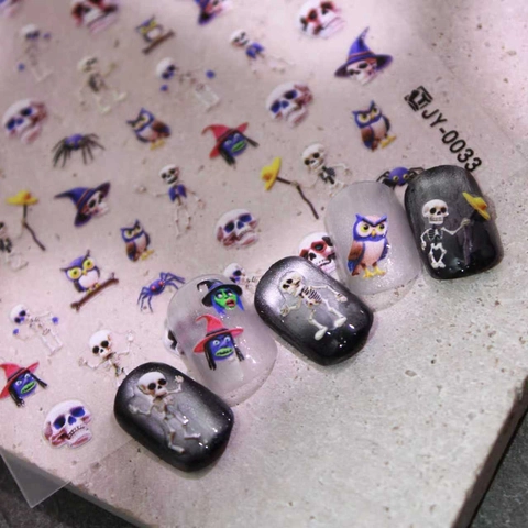 Adesivi per Unghie 3D di Halloween Design a Cartoni Animati Scheletro Strega Ragno Decalcomanie per Manicure Fai-da-te Decorazione per Unghie
