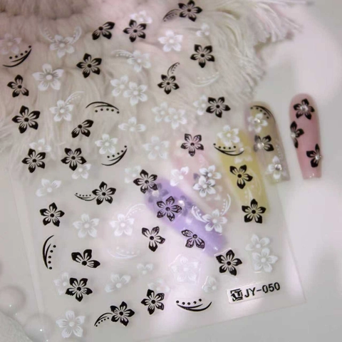 Schwarz Weiß Blume Geprägte Nagelaufkleber Selbstklebende 5D Nail Art Decals Strass Blume Maniküre Dekoration JY-050