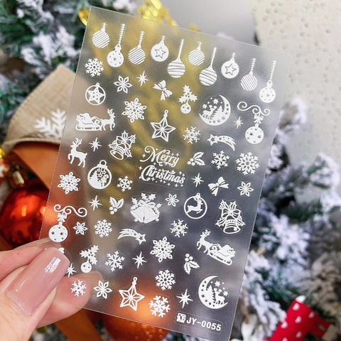 Weiße 3D Relief Geprägte Weihnachts Nagelaufkleber Schneeflocke Rentier Weihnachtsmann Glocke Muster Nail Art Decals Dekoration