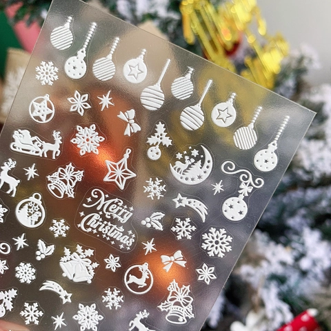 Weiße 3D Relief Geprägte Weihnachts Nagelaufkleber Schneeflocke Rentier Weihnachtsmann Glocke Muster Nail Art Decals Dekoration